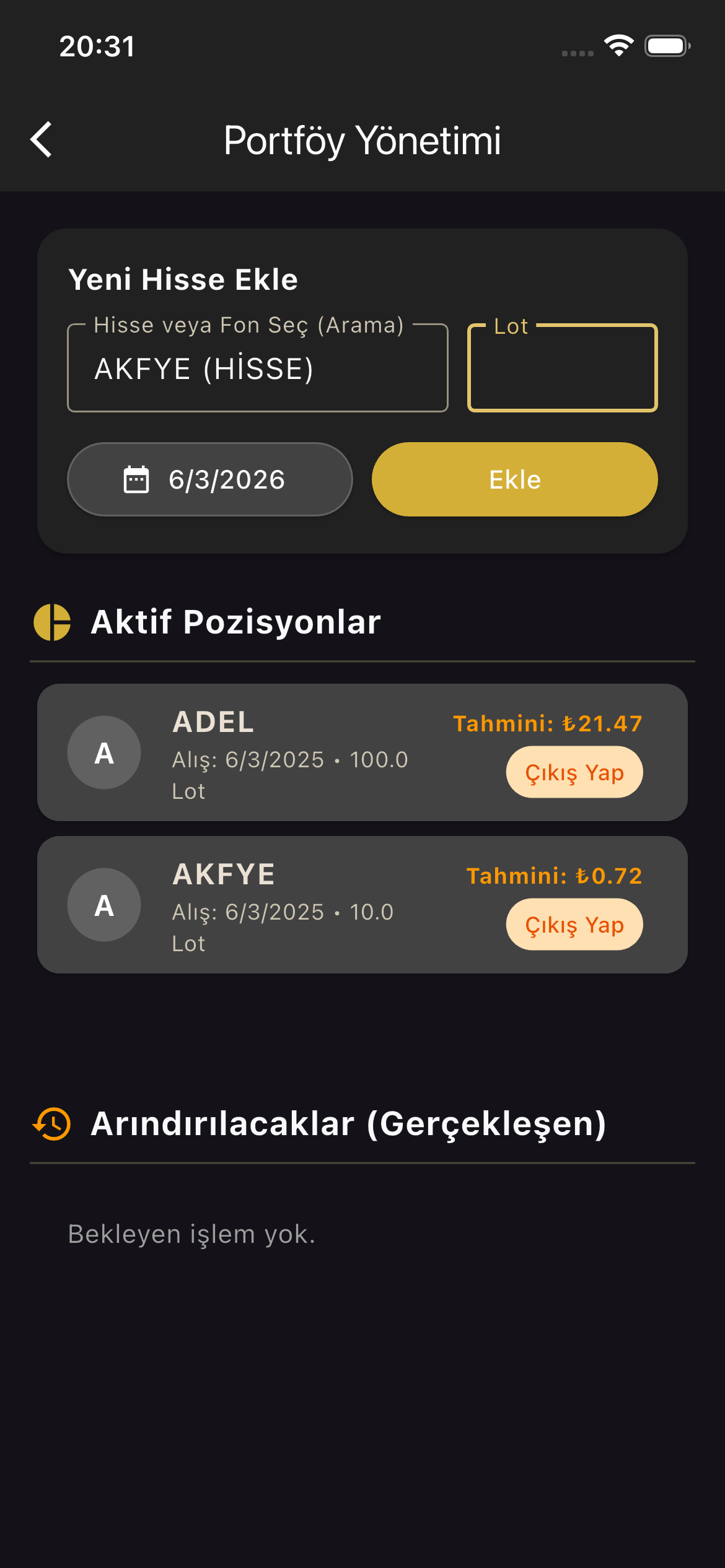 Helal Endeks Portföy Takip Ekranı
